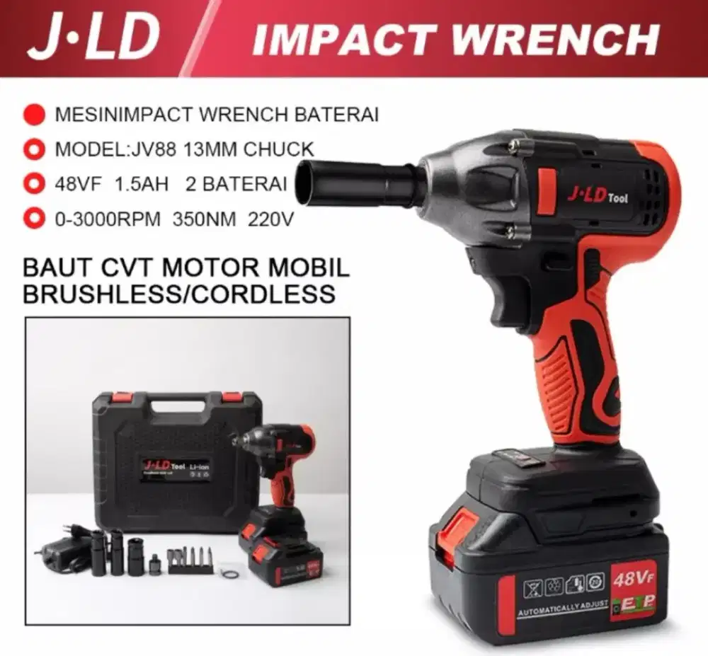 Cordless Impact Wrench 21V 48V Buka Baut Set JLD HITAM MERAH MOLLAR