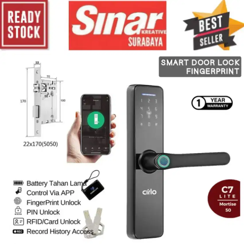 SMART DOOR LOCK FINGERPRINT HANDLE C7 Lite Mortise 5050 CIRLO TUYA
