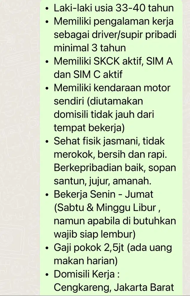 Lowongan Kerja Supir Pribadi - Lowongan - 916607395