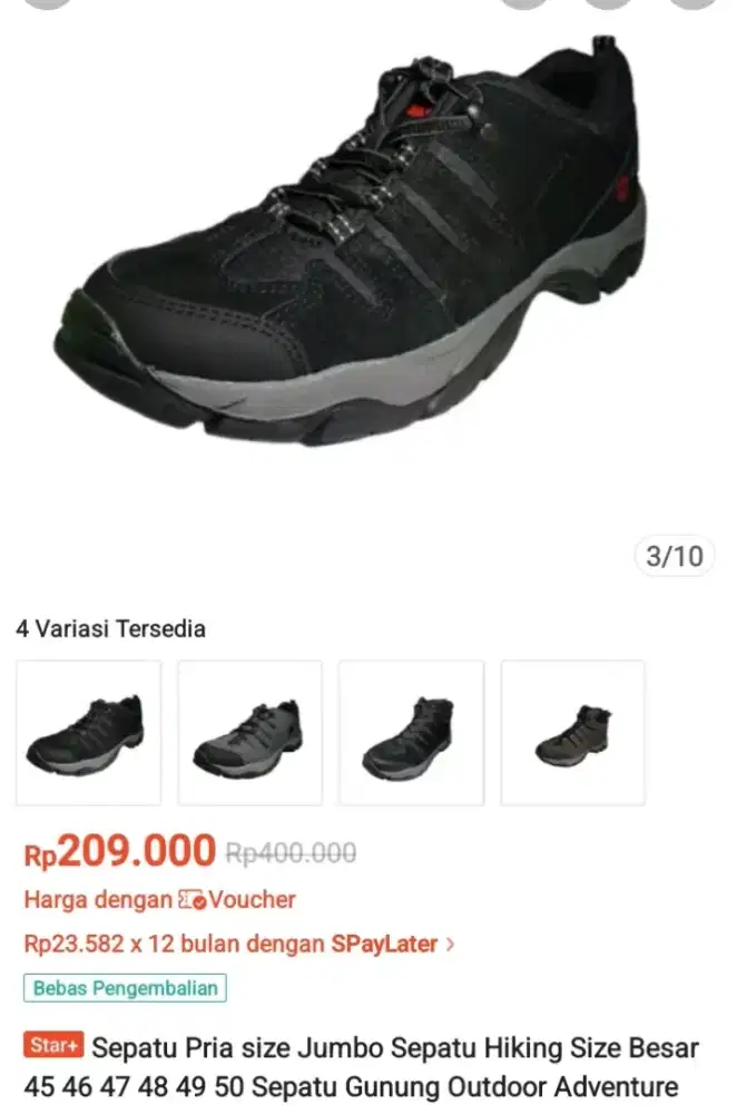 Sepatu Hiking warna hitam abu2 size jumbo