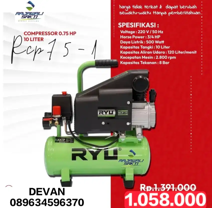 Kompresor ryu ¾ hp RCP75-1 murah bergaransi