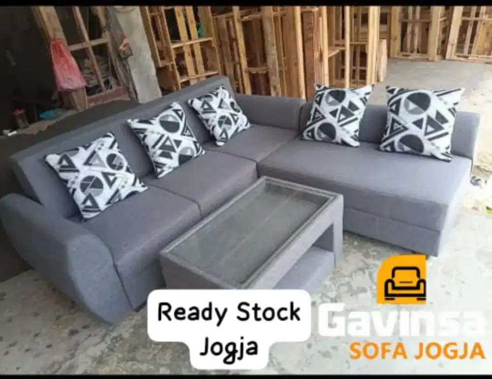 Paket Hemat Sofa L Putus Bahan Kain Motif 1 set Meja dan Puff