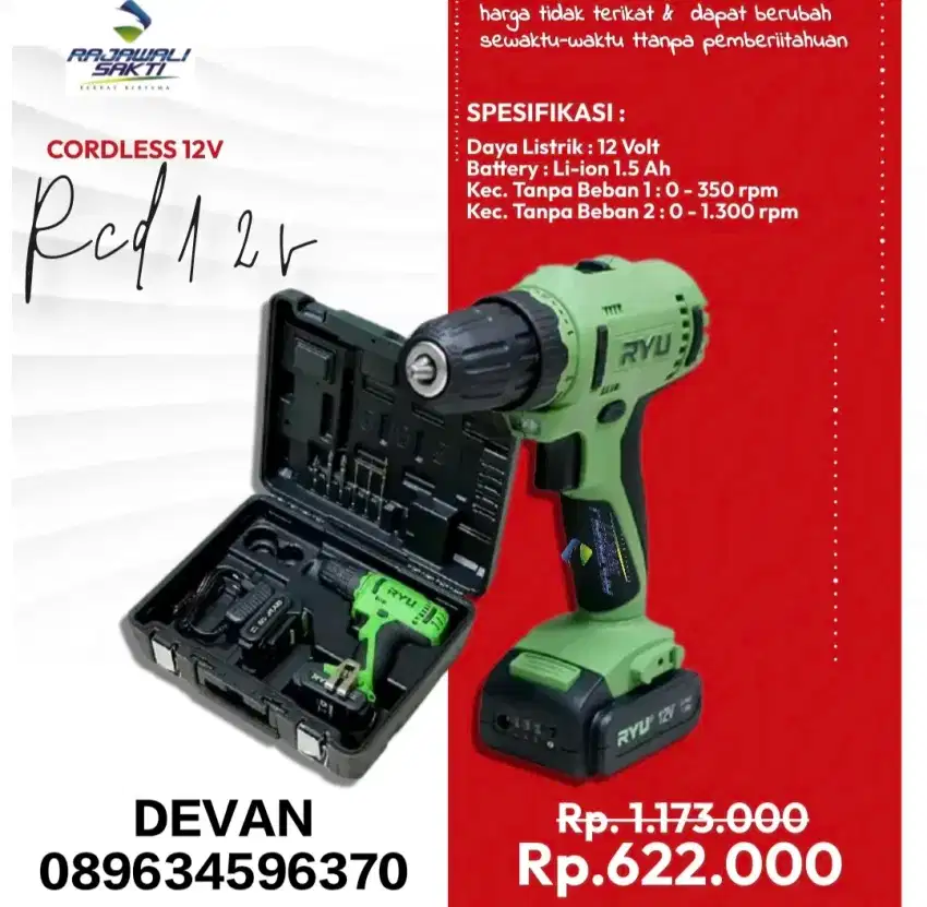 Bor cordles ryu 12v RCD12V murah bergaransi