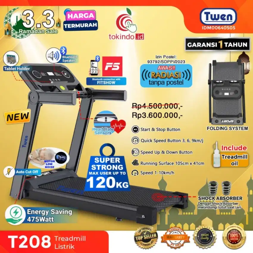 Alat fitnes alat olahraga Treadmil T208