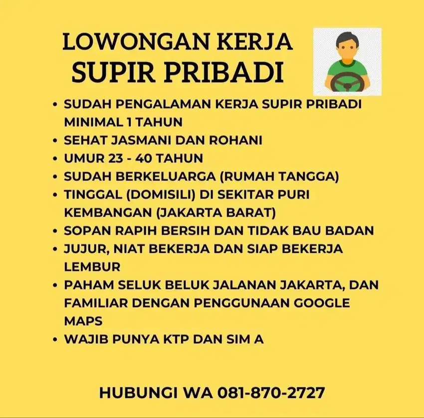 Lowongan Supir Pribadi Puri Kembangan Jakarta Barat - Lowongan - 917320247