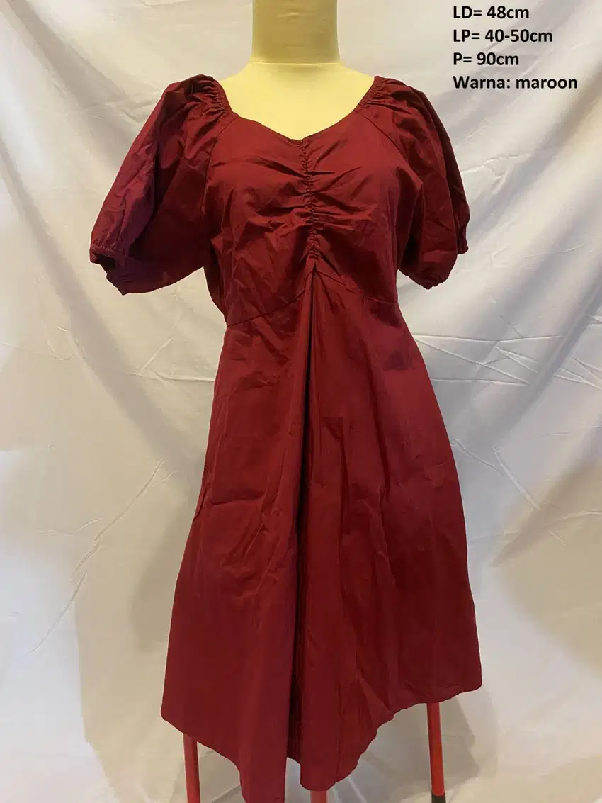 Dress Midi Maroon feminim puff dress korea