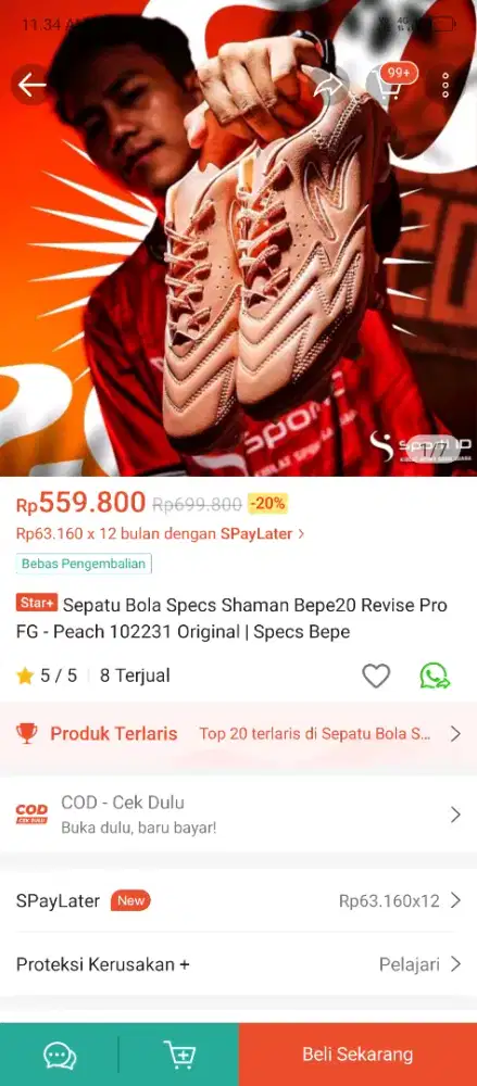 sepatu specs shaman bepe 20 ukuran 43. Kebesaran, 6 kali pakai