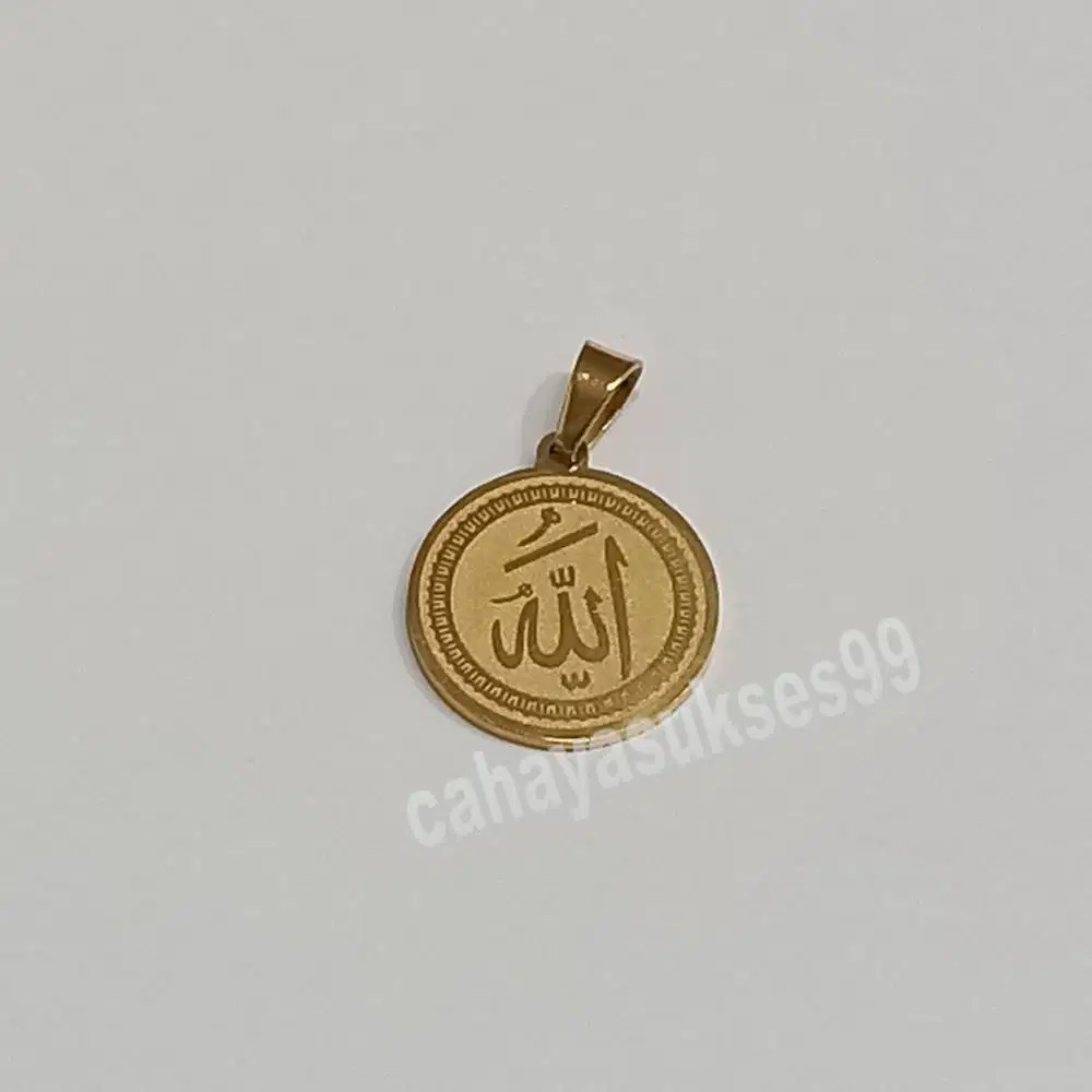 Liontin Titanium Stainless Gold Lafadz Allah Kaligrafi Bulat 2cm LAG02