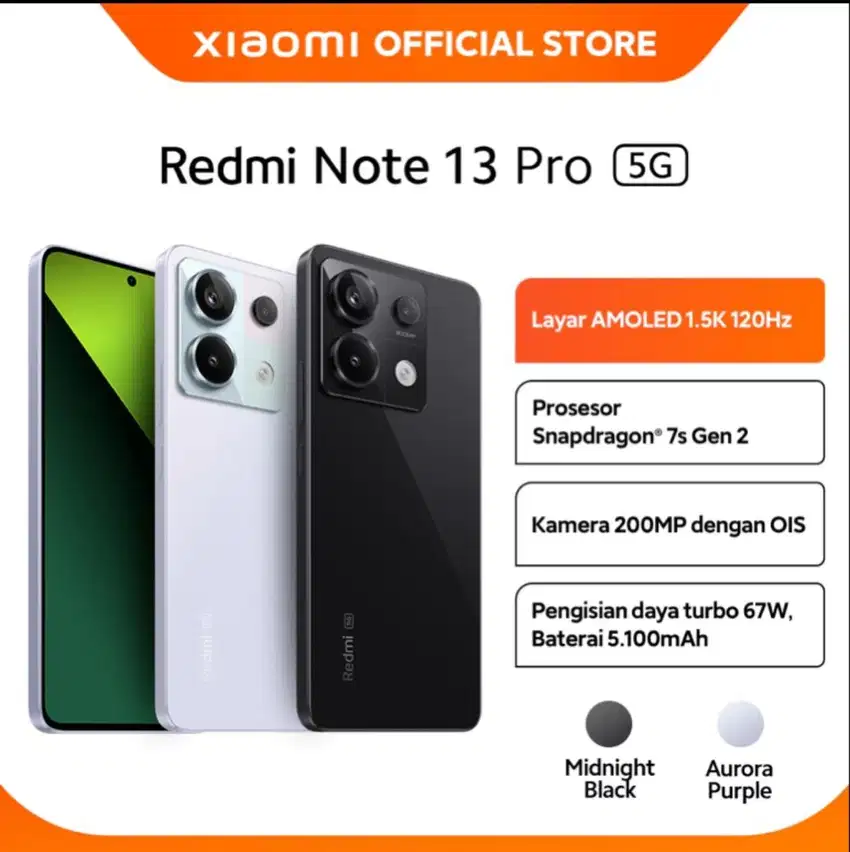 Baru….Xiaomi Redmi Note 13 Pro 5G 8/256 Grs Resmi (Green,Black,Purple)