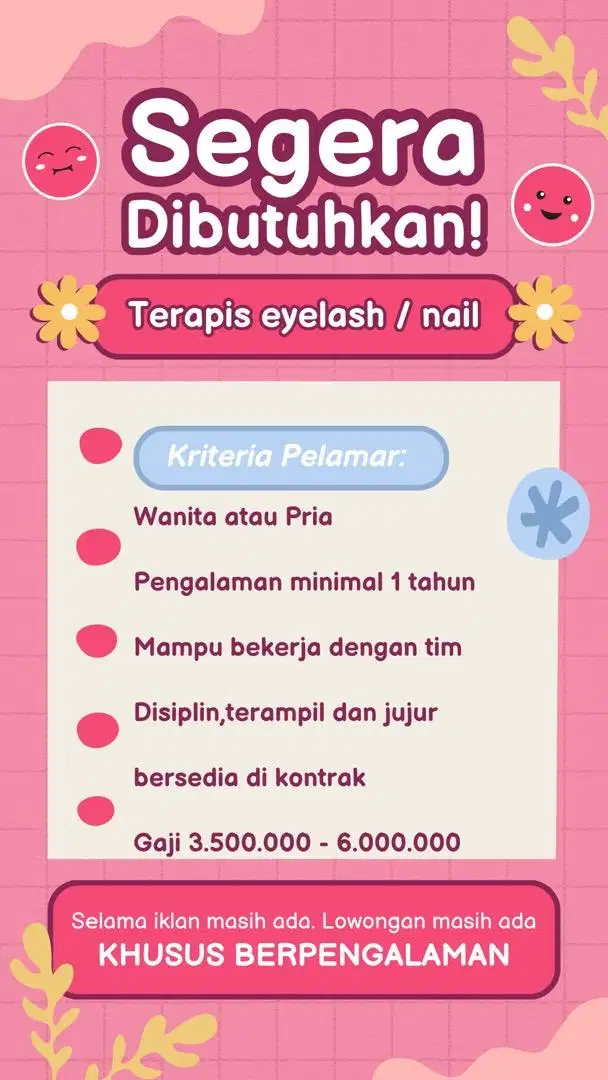 Lowongan kerja salon dibutuhkan segera eyelash nail art berpengalaman