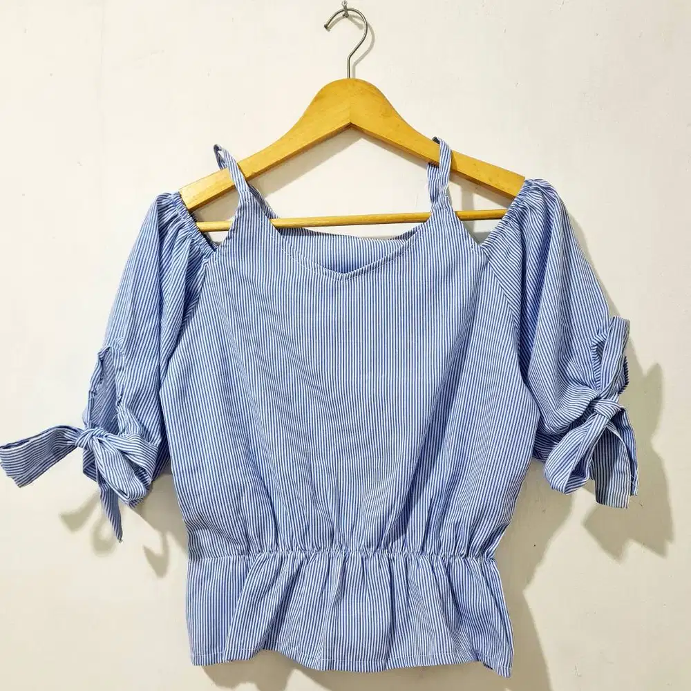 Atasan Kemeja Blouse Wanita Motif Salur Blue Stripe Bottom Drawstring