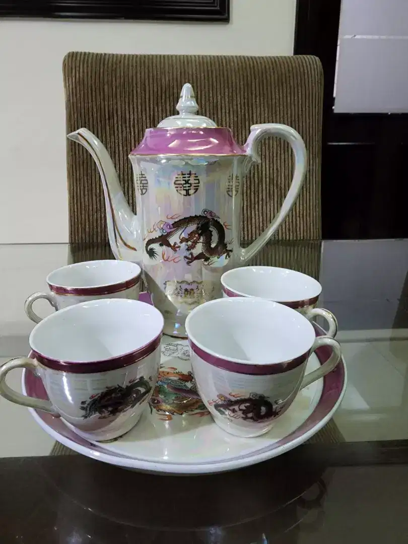 1set Teko Keramik Antik Pernikahan motif Naga dan Phoenix