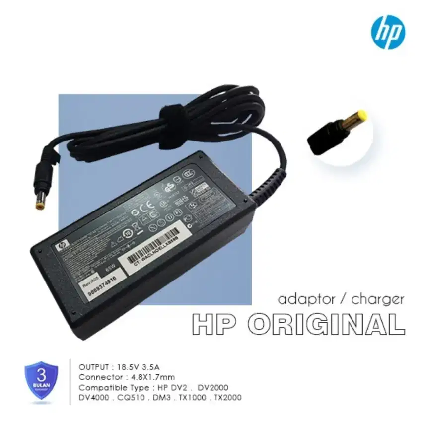 Adapter Charger Laptop HP Compaq Output DC 18.5V 3.5A Konektor Kuning