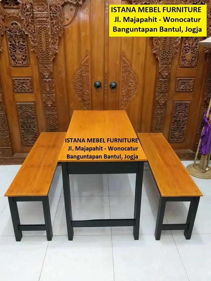 Paket Set Meja Makan 2 Kursi Panjang Warung Makan Bakso Cafe Kayu #SD