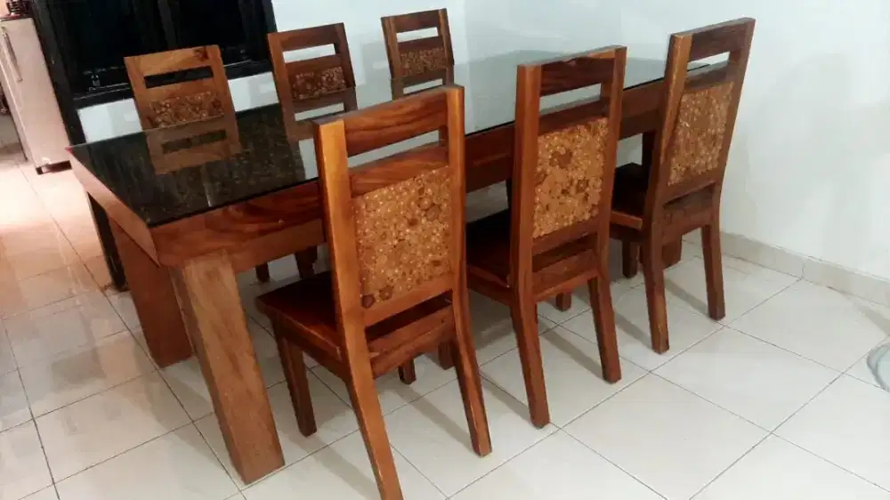 Jual cepat meja makan set model koin kayu trembesi