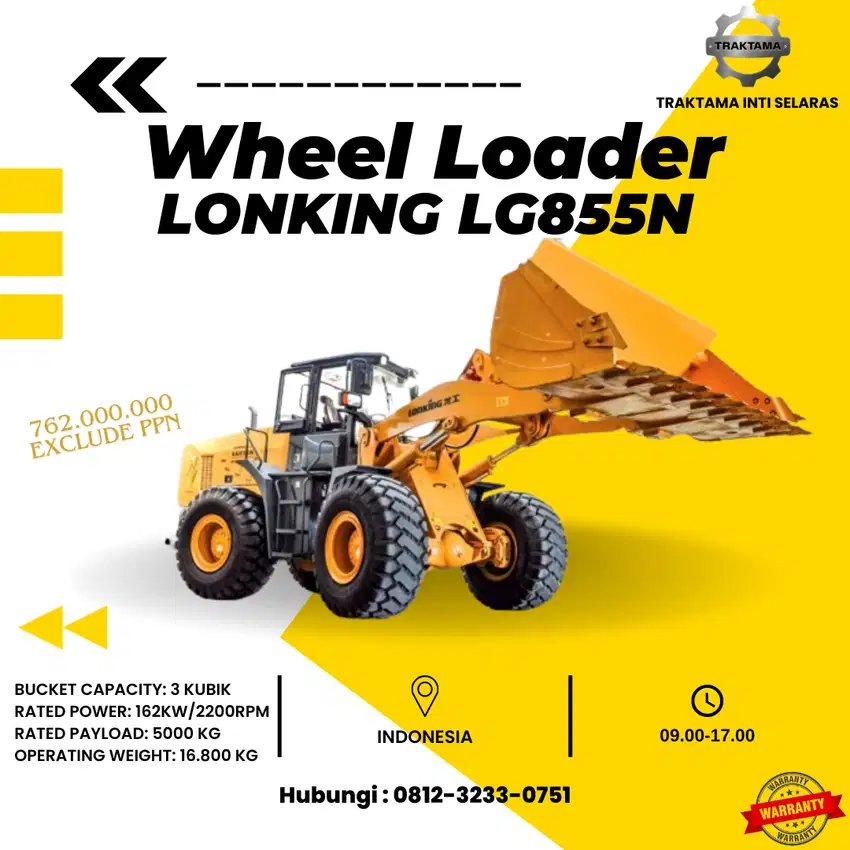 Dealer Resmi Wheel Loader LONKING LG855N kapasitas 3 Kubik