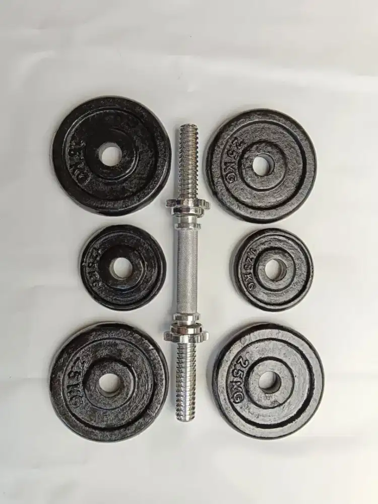 Barbel Set Besi 15 kg, Dumbell Set 15 kg, Alat Olahraga, Alat Fitnes