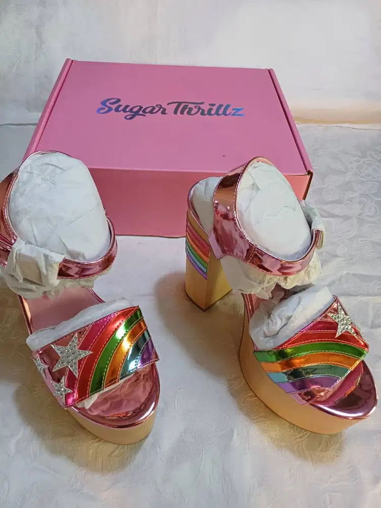 SUGAR THRILLZ Holographic Rainbow Platform Sandals Slingback Heels Pee