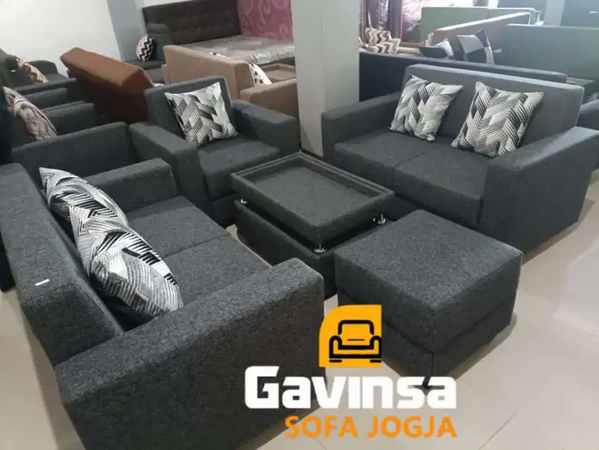 Sofa Tamu 2-2-1 Meja + Puff Kotak, Bahan Kain Kimy Silver Black