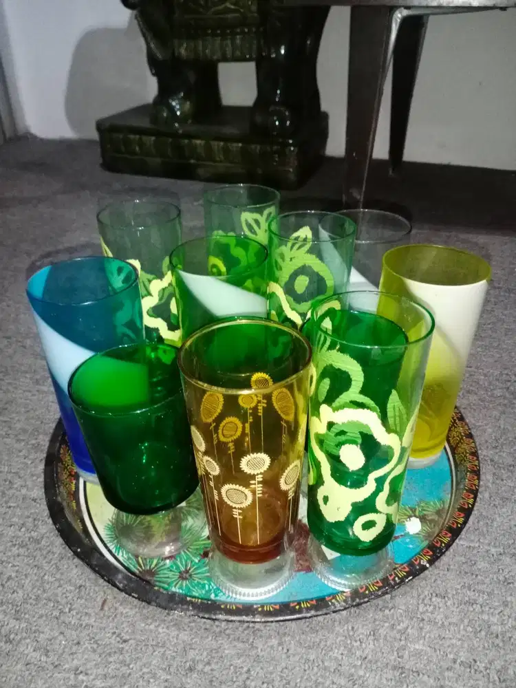 Gelas kaca vintage berbagai macam motif 12pcs