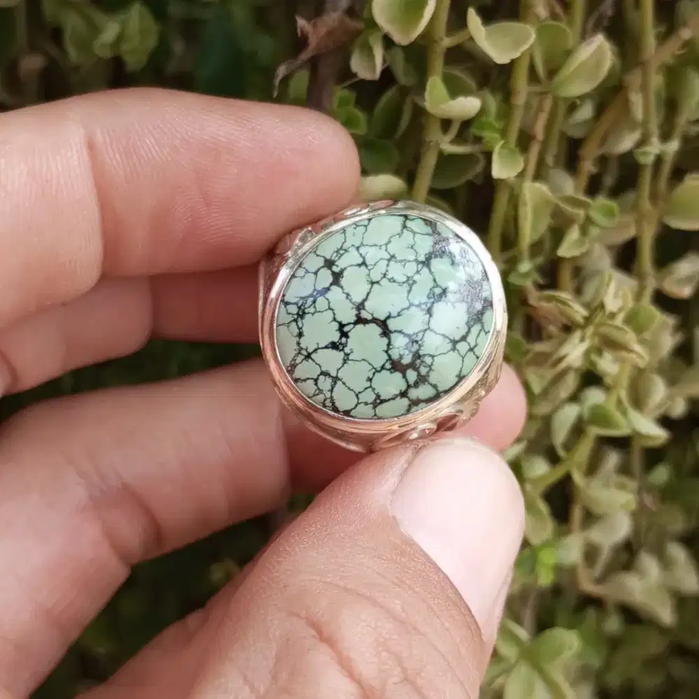 Cincin Perak Batu PIRUS Motif Natural Asli Serat Jala Lawasan