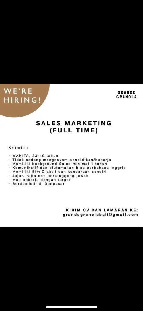 Dicari Sales team untuk Grande Granola