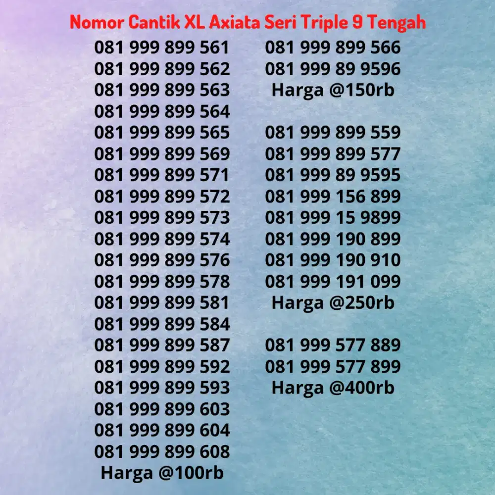 Nomor Cantik Kartu Perdana XL Axiata Seri Triple 9 / 999 899 Rapi