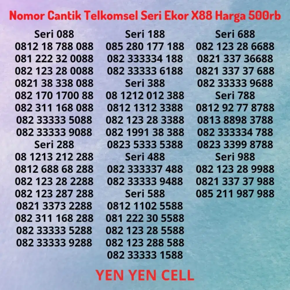 Nomor Cantik Kartu Perdana Simpati Telkomsel Seri X88 Banyak 8 Hokky