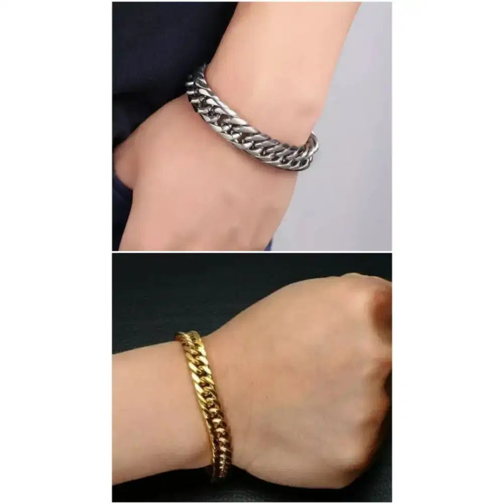 Gelang Pria Titanium warna Silver dan Gold Cowok keren Anti Karat