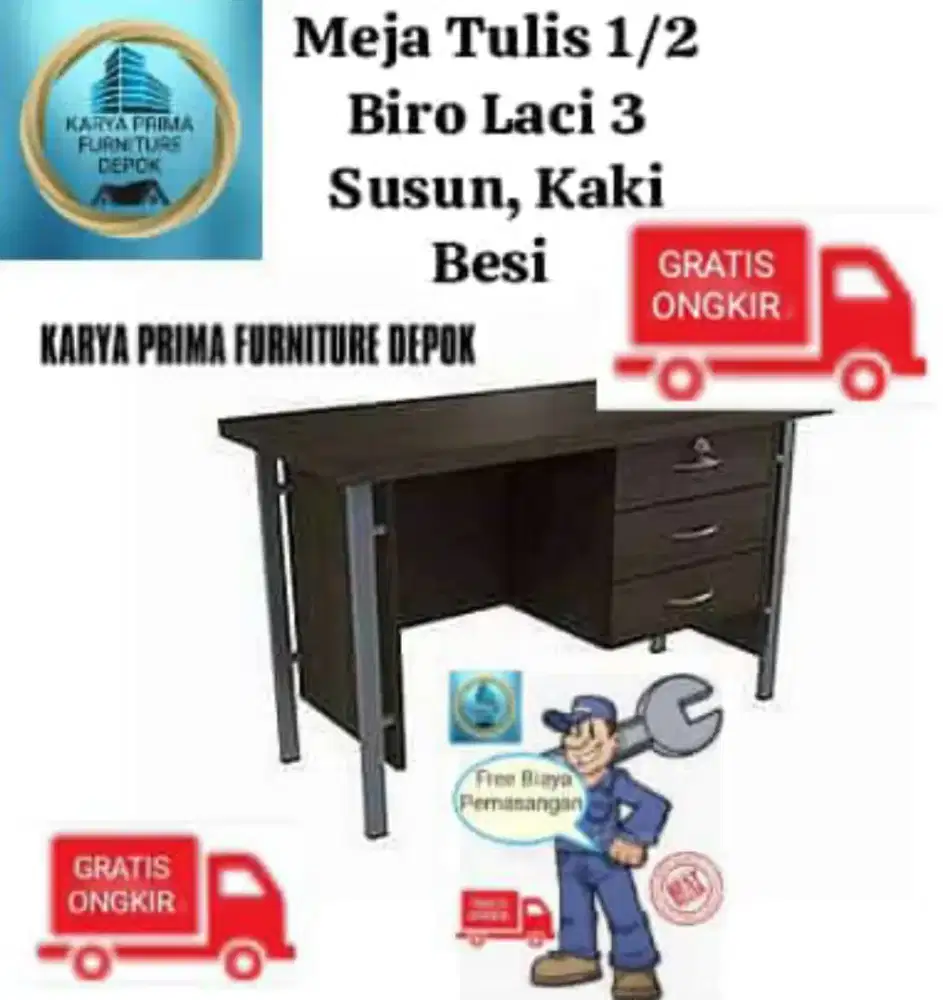 Meja Tulis Kantor 1/2 biro kaki besi, rak , laci 950rb free ongkir.
