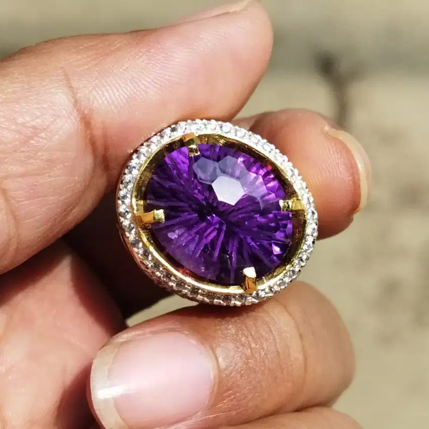 Natural Amethyst Quartz Kecubung Alami Cincin Perak Pria