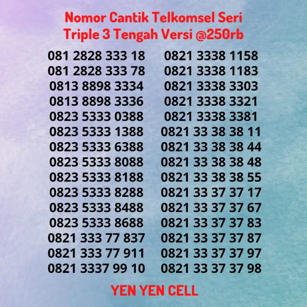 Nomor Cantik Kartu Perdana Telkomsel Seri Triple 3 / 333 Tengah @250rb