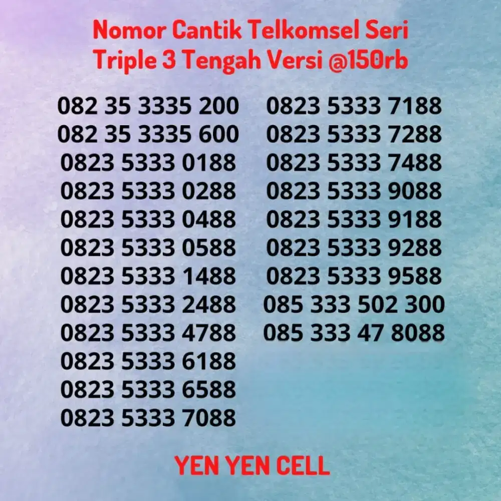 Nomor Cantik Kartu Perdana Telkomsel Seri Triple 3 333 Ekor Ratus X88