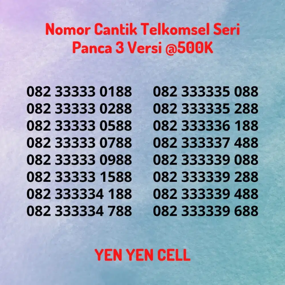 Nomor Cantik Kartu Perdana Telkomsel Seri Panca 3 / 33333 Tengah XX88