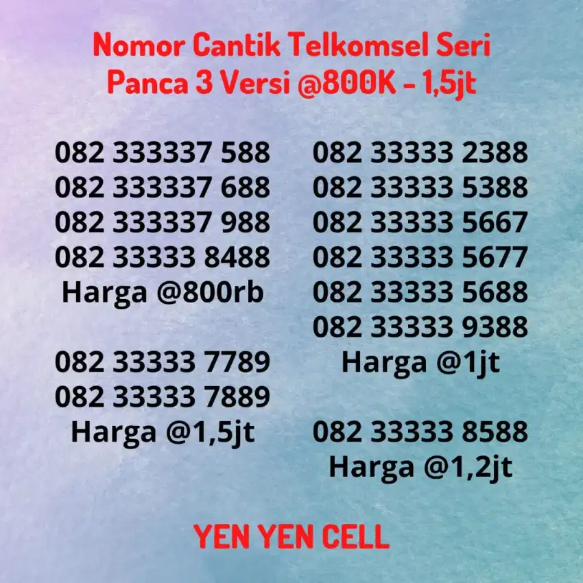 Nomor Cantik Kartu Perdana Telkomsel Seri Panca 3 / 33333 Tengah Hokky