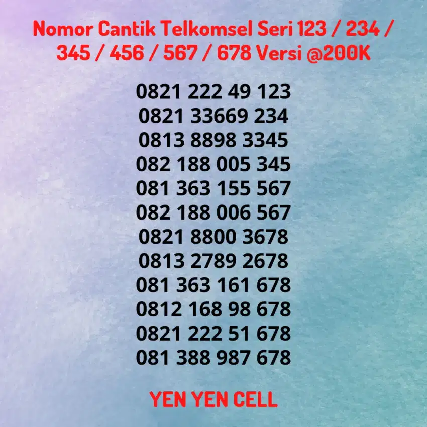 Nomor Cantik Kartu Perdana Telkomsel Simpati Seri 123 / 345 / 567 678