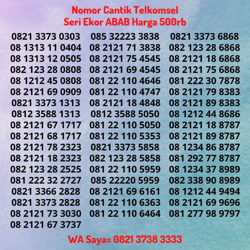 Nomor Cantik Telkomsel Simpati Seri Akhiran Ekor ABAB Belakang 6868