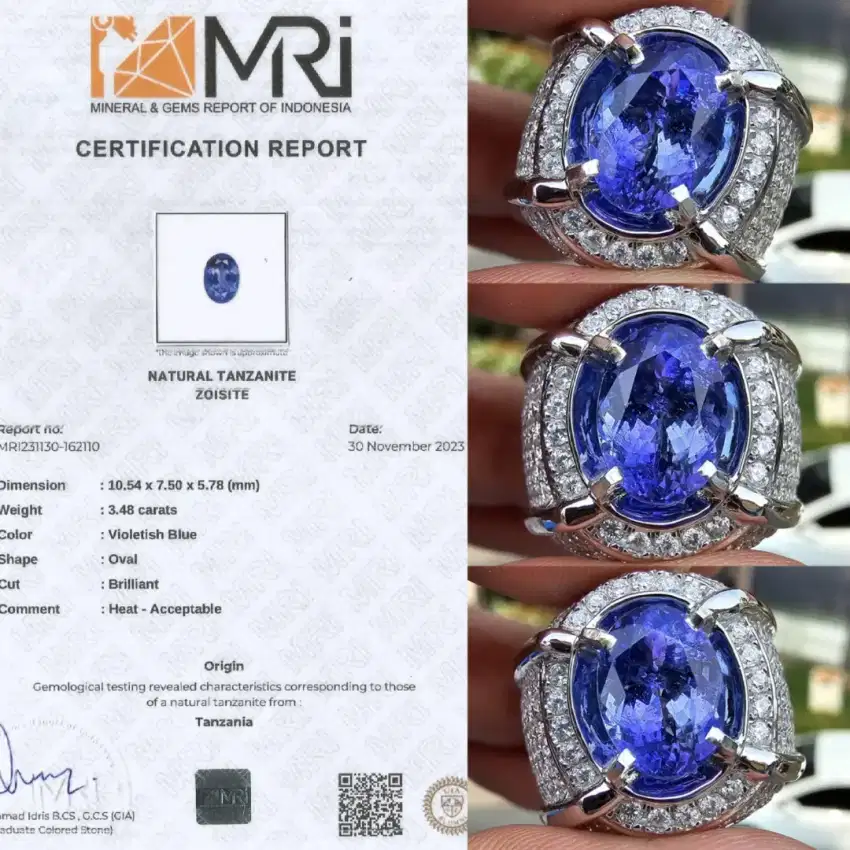 natural 3.48 cts tanzanite ring perak sertifikat MRI lab