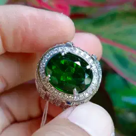 Cincin Perak Batu Permata Natural CHROME DIOPSIDE + Memo (6,74ct)