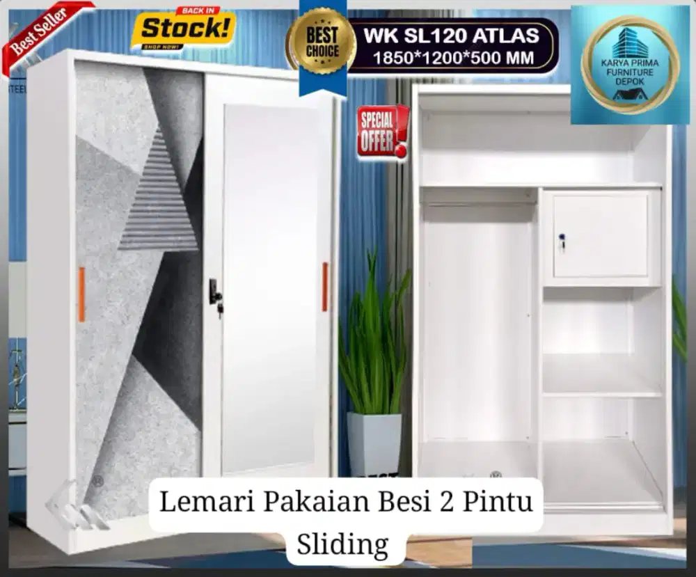 Lemari Pakaian Plat Besi 2 Pintu Sliding 1850x1200x500spesial1.985.000