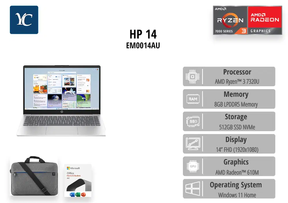 HP 14S EM0333AU/EM0014AU  RYZEN 3 7320 8GB 512SSD RADEON 14.0FHD OHS