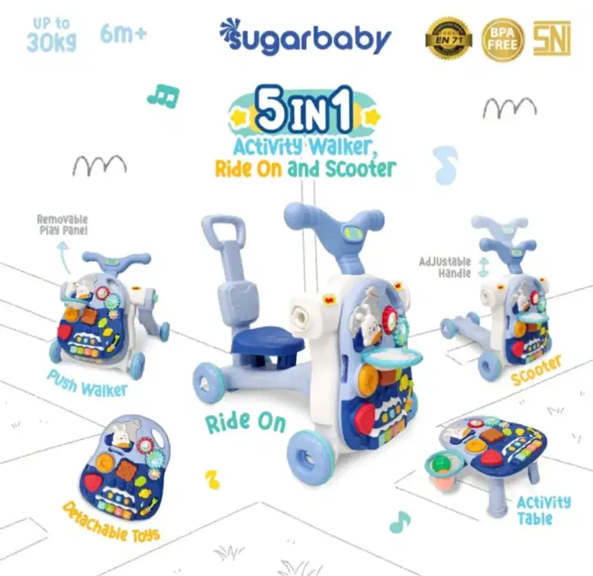 (FREE ONG) Sugar Baby 5 in 1 Activity Push Walker, Ride On & Scooter