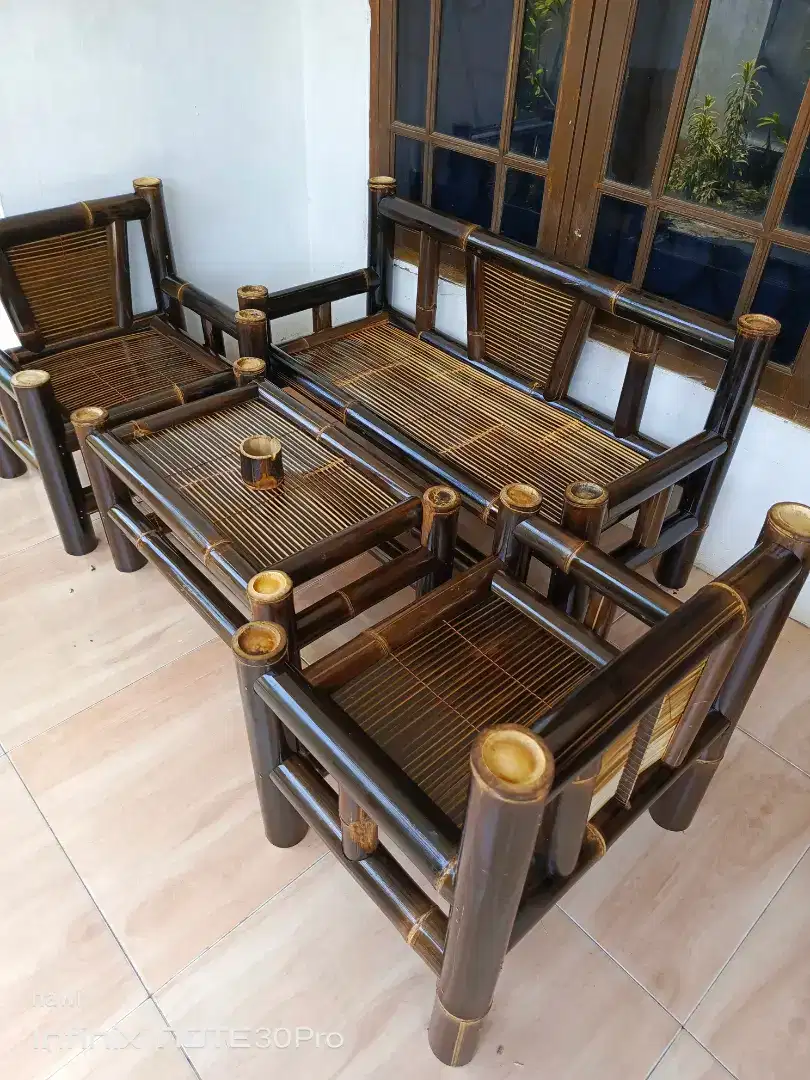 Jual kursi bambu 1 set bale bangku senderan