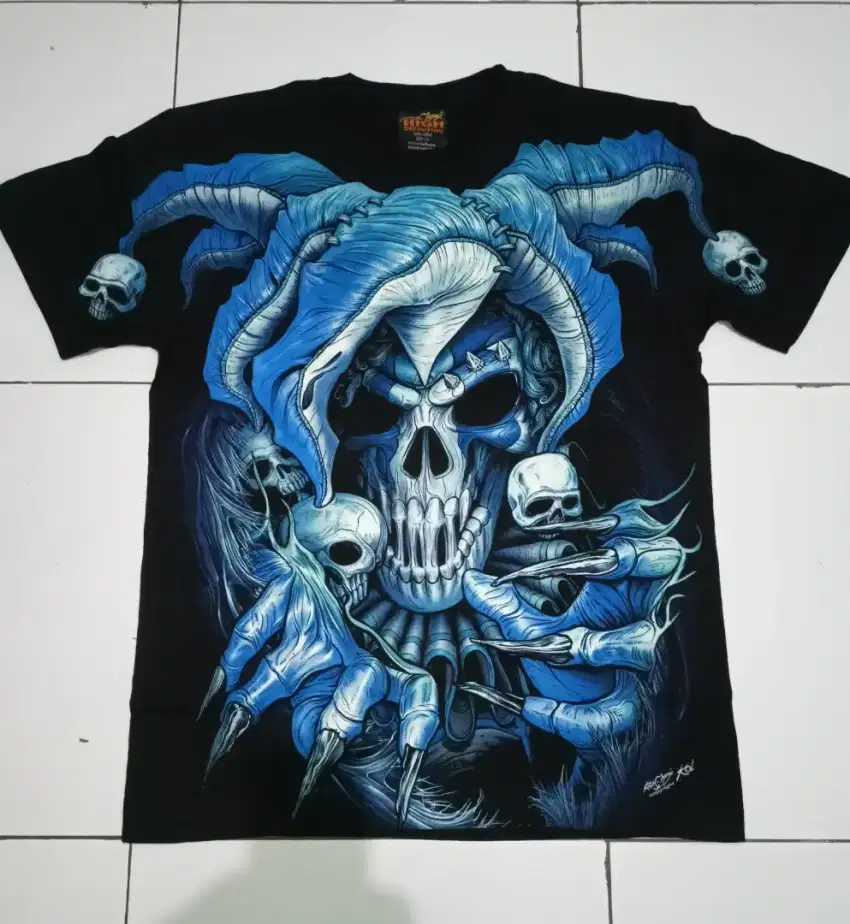 Kaos vintage 3D skull tengkorak biru