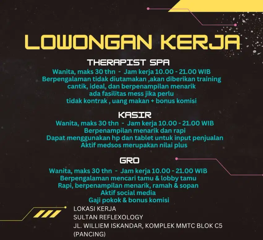 Dibutuhkan kasir, kru dan terapis spa untuk refleksi/spa di kota medan