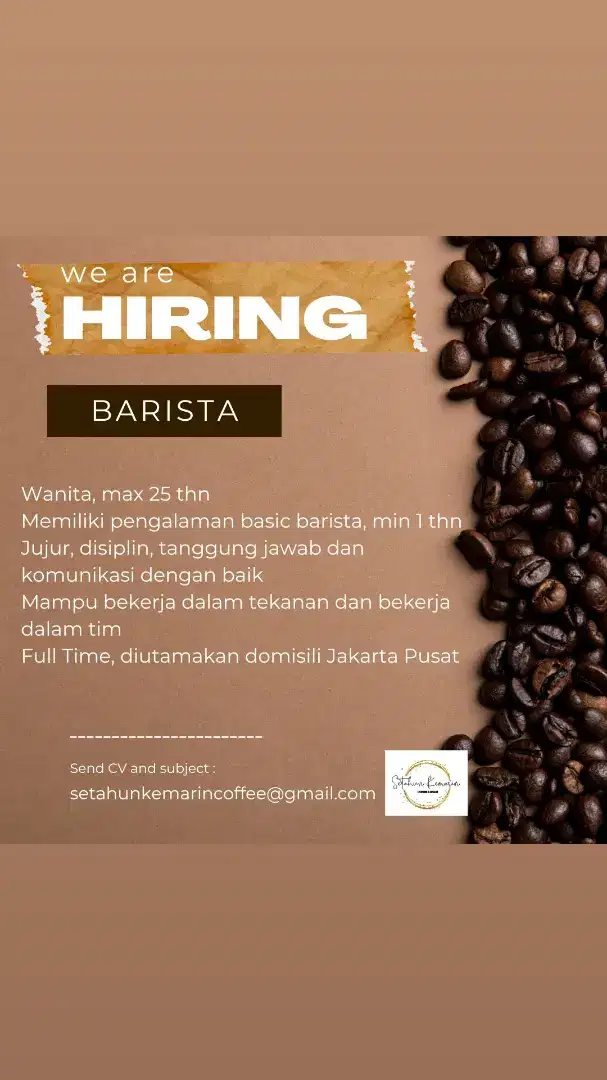 Lowongan female / wanita barista atau kasir full time