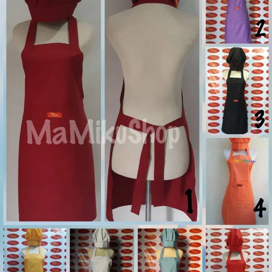 Apron Celemek Polos Set Topi Koki Bahan Cotton Premium