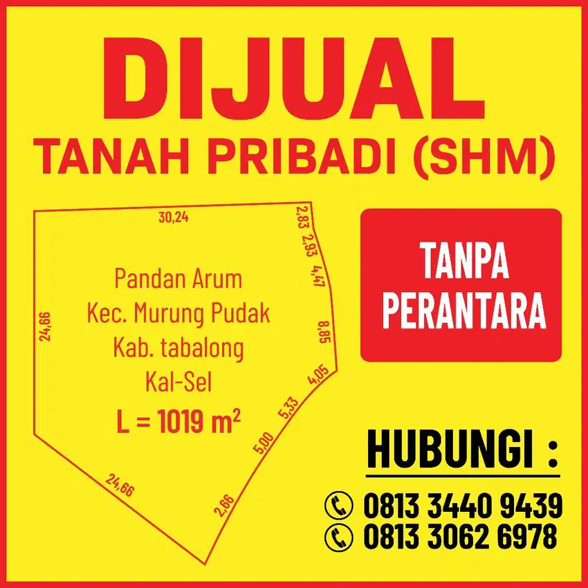 Tanah Dijual SHM 1019 M2 di Pandan Arum Tabalong Kalsel (Harga nego)