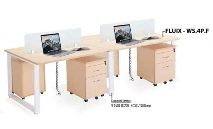 Meja Kantor 4 staff dengan sekat kaca dan Laci