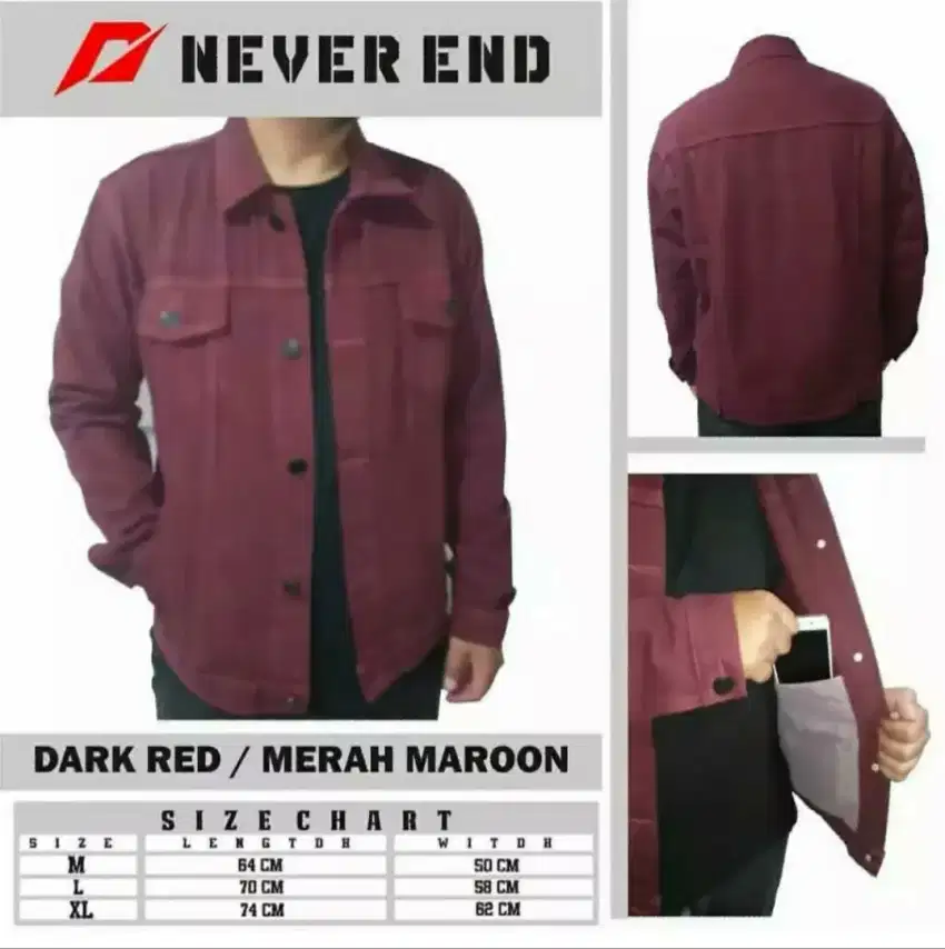 Jaket jeans merk never end ready size m l xl